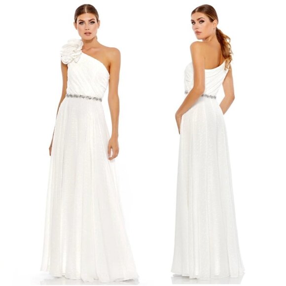 MAC DUGGAL Rosette One-Shoulder Fil Coupé Chiffon Gown in White Size US 6 - Picture 9 of 11